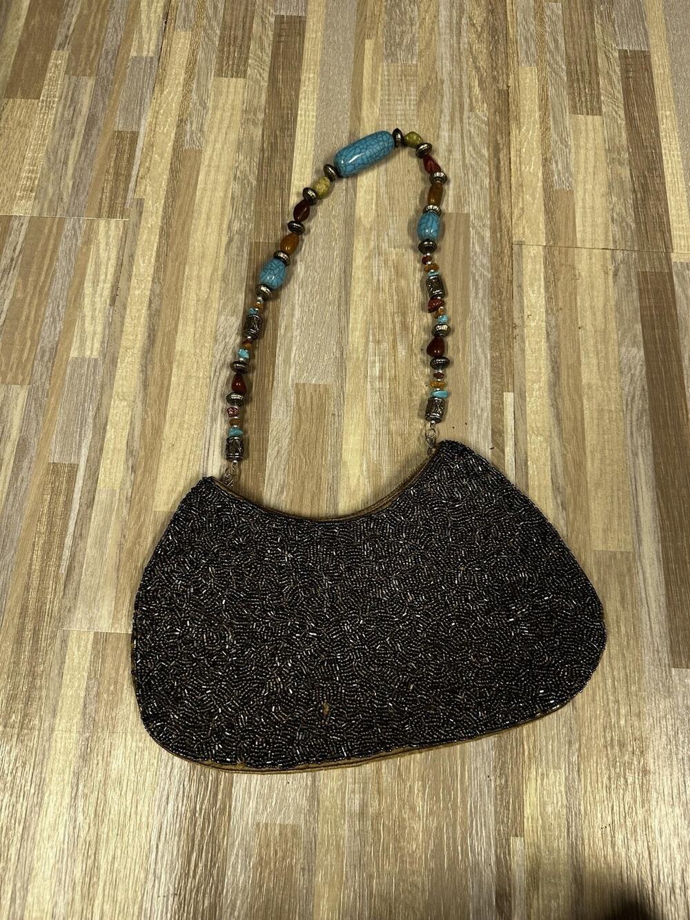 Womens Small Brown Satin Beaded Strap Boho Party Purse